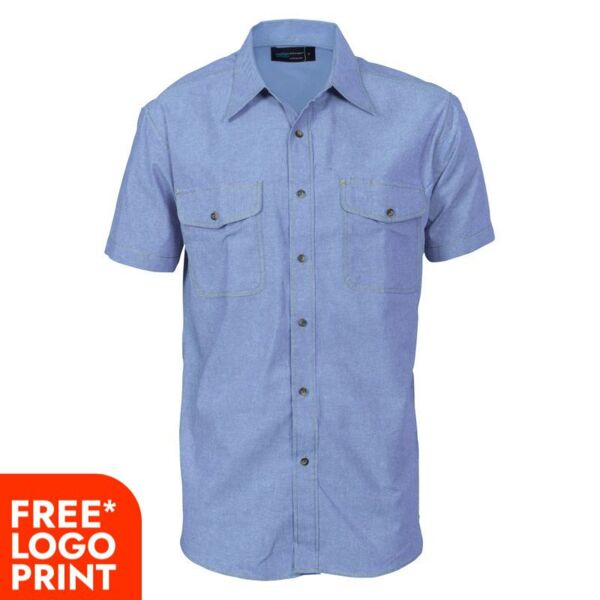Mens Twin Flap Pocket Cotton Chambray Short Sleeve Shirt Thumbnail